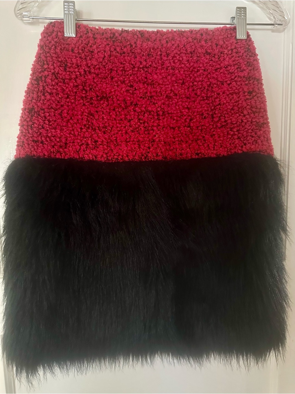 CHANEL Boutique Label Red Pink  Velvet Tweed Black Faux Fur Skirt 1994